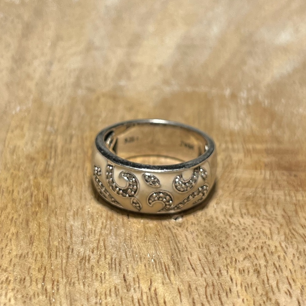 JWBR Artisan White Enamel & Diamond Floral Scroll 925 Sterling Silver Band Ring